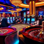 Engaged players enjoying high-stakes games at https://f168.group/ casino, surrounded by vibrant slot machines.