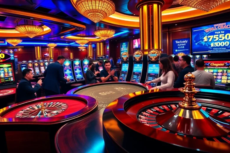 Engaged players enjoying high-stakes games at https://f168.group/ casino, surrounded by vibrant slot machines.