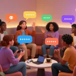 Engaging spicy chat scene with diverse avatars enjoying lively conversations in a virtual lounge.
