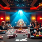 Des joueurs captivés autour d'une élégante table de casino en ligne, mettant en valeur une action de poker vibrante et une roulette palpitante.