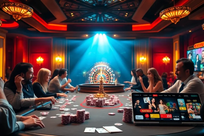 Des joueurs captivés autour d'une élégante table de casino en ligne, mettant en valeur une action de poker vibrante et une roulette palpitante.