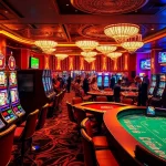 Exciting casino scene showcasing engaging slot online machines with vibrant lights and eager players.