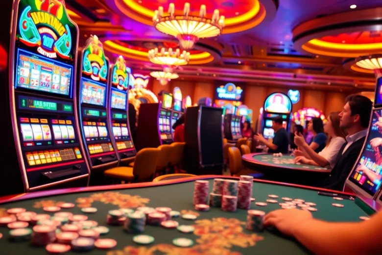 Menikmati pengalaman Slot Thailand yang seru dengan mesin yang berwarna-warni dan pemain yang antusias.