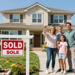 Sell my house today with a smiling family celebrating near their sold sign in front of a beautiful home.