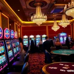 Playing slot machines in a luxurious casino filled with vibrant lights and excited players.