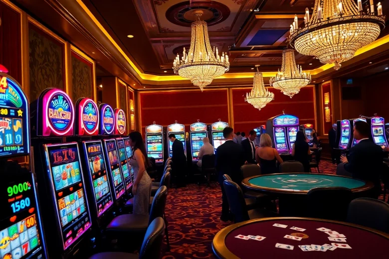 Playing slot machines in a luxurious casino filled with vibrant lights and excited players.
