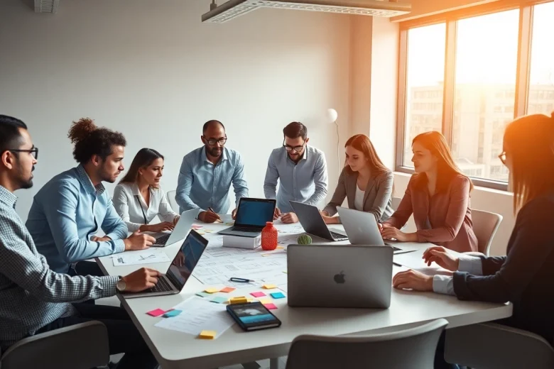 Engaged team at a web design company essex collaborating on creative projects.