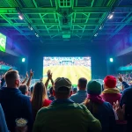 Enthusiastic fans enjoying a live sports broadcast on 토토티비, enhancing the communal atmosphere.