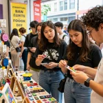 Engaging retail scene showcasing custom key chains, with vibrant designs and diverse customers exploring their options.