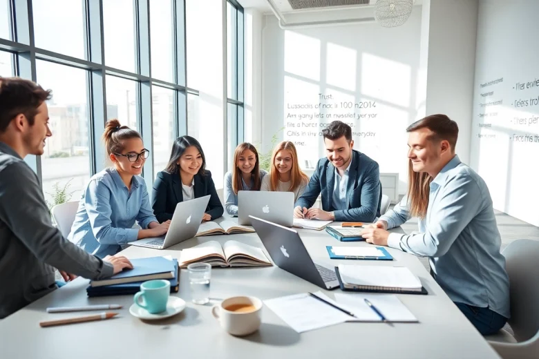 Students engaged in exam assistance activities in a bright, modern study space.
