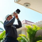 Instalación de cámaras de seguridad en un entorno doméstico tropical por un técnico profesional.