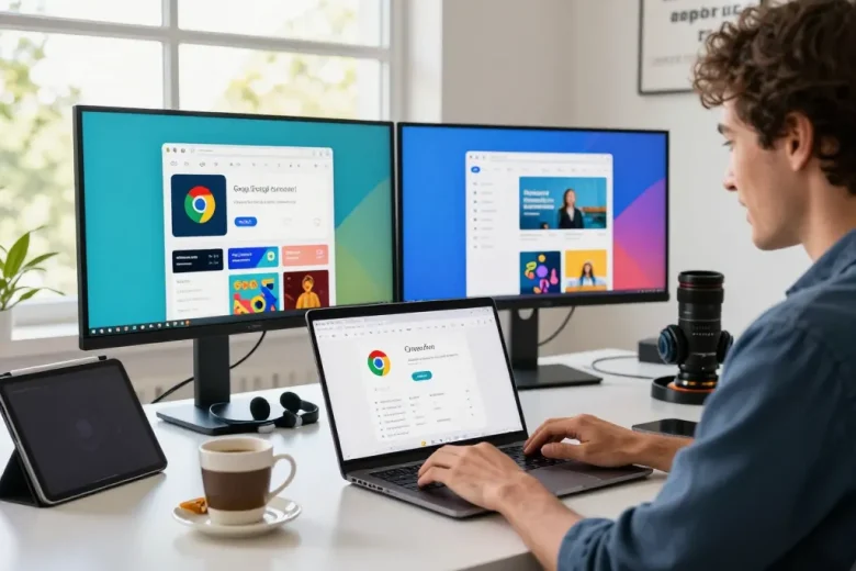 在现代桌子上使用谷歌浏览器的用户，周围有科技产品