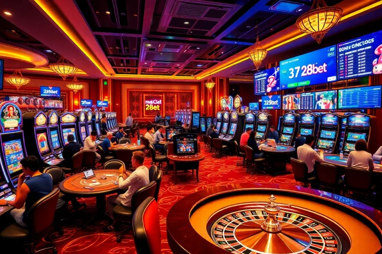 Engaging gamblers at a vibrant casino scene with nhà cái 28bet atmosphere.