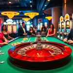 Ressentez l'excitation dans un casino en ligne somptueux avec une roulette tournante et des jetons de poker vibrants.