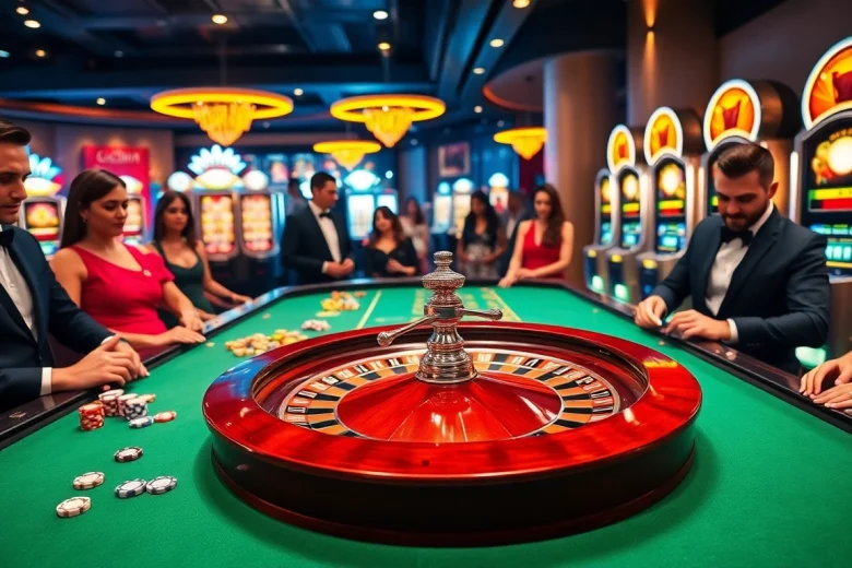 Ressentez l'excitation dans un casino en ligne somptueux avec une roulette tournante et des jetons de poker vibrants.