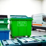 Residential bin rental service showcasing organized bins and a service vehicle in a clean environment.