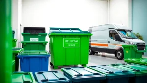 Residential bin rental service showcasing organized bins and a service vehicle in a clean environment.