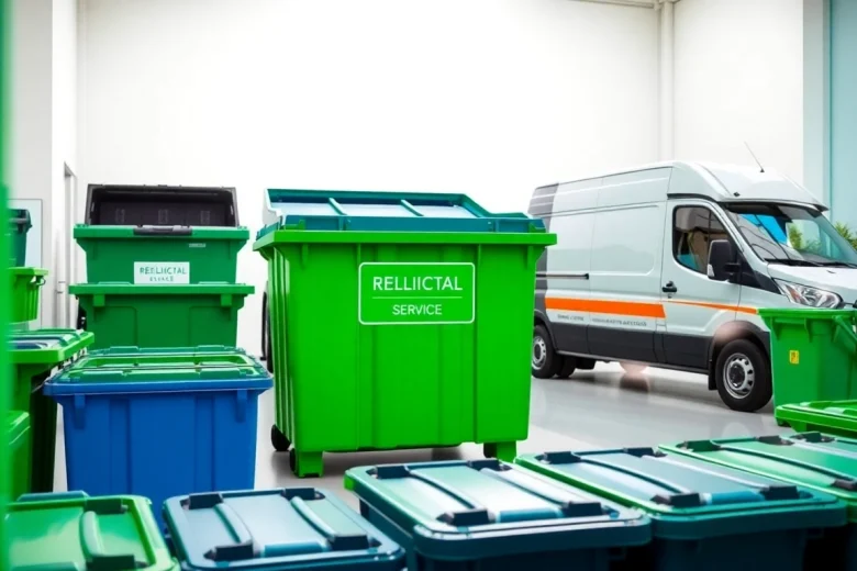 Residential bin rental service showcasing organized bins and a service vehicle in a clean environment.