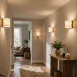 Stylish hallway light fixtures illuminating a cozy hallway with elegant decor and natural lighting.