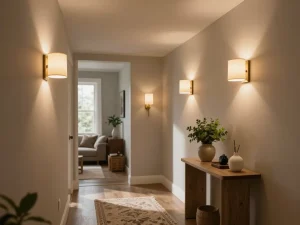 Stylish hallway light fixtures illuminating a cozy hallway with elegant decor and natural lighting.