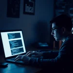 An individual exploring hidden wiki 1 on a laptop in a dimly lit room, symbolizing the dark web experience.