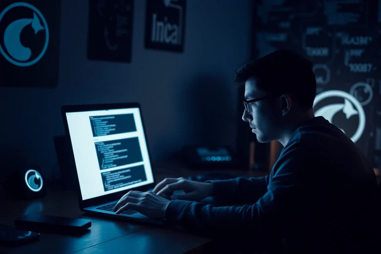 An individual exploring hidden wiki 1 on a laptop in a dimly lit room, symbolizing the dark web experience.