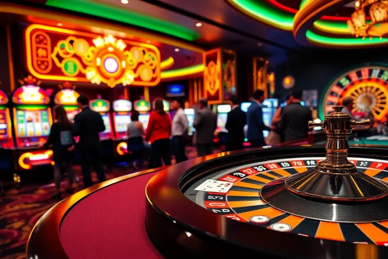 Vibrant casino gaming scene showcasing excitement at nhà cái thabet with poker and slot elements.