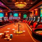 Attraper une partie de poker à enjeux élevés dans un casino en ligne luxueux, avec des jetons et des cartes vibrants.