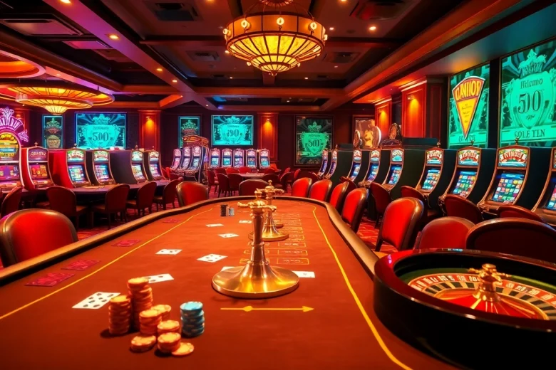 Attraper une partie de poker à enjeux élevés dans un casino en ligne luxueux, avec des jetons et des cartes vibrants.