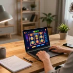 Player engaging in online gaming at F8BET with notes on betting strategies and cozy decor.