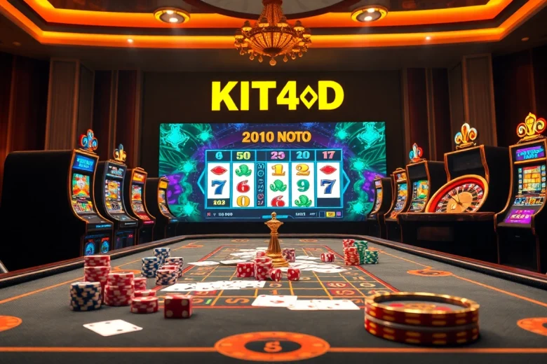 Rasakan sensasi dunia Kit4D Slot yang mendebarkan saat chip poker dan dadu memperkaya suasana kasino.