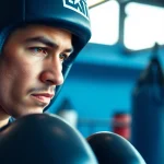 Boxer in headgear boxing training, focusing on safety and performance in a gym setting.