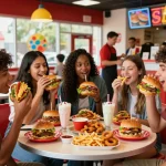 Friends enjoying a diverse fast food menu in a lively restaurant atmosphere.