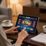 Player enjoying immersive gaming experience with 678vip casino app at home, showcasing strategic focus and comfort.