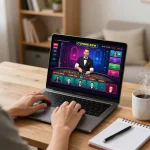 Engaging with king33 live dealer games on a laptop in a cozy home setting