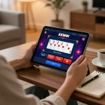 Person playing KKWIN online casino app for poker in a cozy home setting
