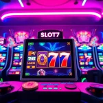 Main interface Slot77 dalam ruang permainan futuristik penuh warna dan energi.