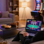 Engaging with vipwin online casino on laptop in a cozy living room atmosphere