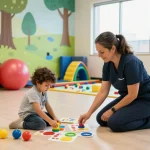 Engaging therapy session at Advantage Therapy Norwes, showcasing children’s therapists working with kids in a colorful, nurturing environment.