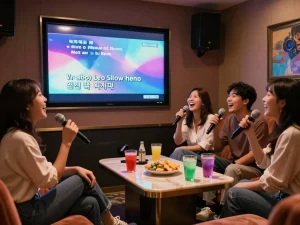 부평쓰리노에서 친구들과 함께 생동감 넘치는 조명과 음료를 즐기며 프라이빗 노래방에서 재미있게 노래하는 경험.