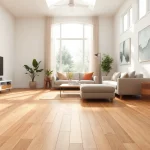 Explore waterproof vinyl flooring in a stunning modern living room setting with natural light.