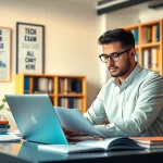 Focused student preparing to pass IT certification exams at a modern desk.