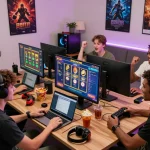 Friends enjoying a thrilling gaming night with slot gacor games in a lively setting