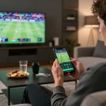 Sophisticated sports betting scene showcasing a player using OK FUN app on smartphone in modern living room.