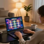 Engaging in online gaming with 888now com casino interface on laptop in a cozy living room