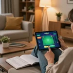 Engaged user placing bets on vsbet online casino tablet in cozy home setting