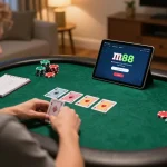 Tham gia poker trực tuyến với liên kết m88 trên máy tính bảng trong một không gian ấm cúng, thể hiện chiến lược.