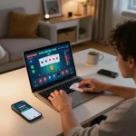 vt88 online poker gameplay with laptop and smartphone set up in cozy home environment