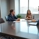 Engaging discussion with a truck accident attorney Clearwater in a modern office.