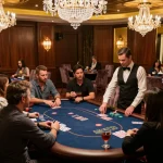 Intense poker gameplay in a high-end VIP room at the casino featuring elite players, luxe atmosphere, vipwin strategy in action